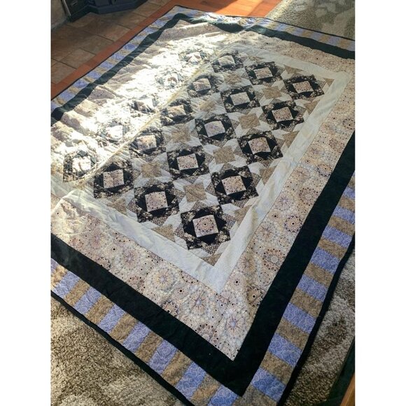 Handmade Patchwork Quilt 62” x 69” Geometric Patterns & Earthy Tones - Picture 2 of 8